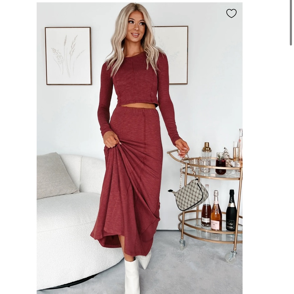 Promesa Long Sleeve Top & Skirt Set Burgundy